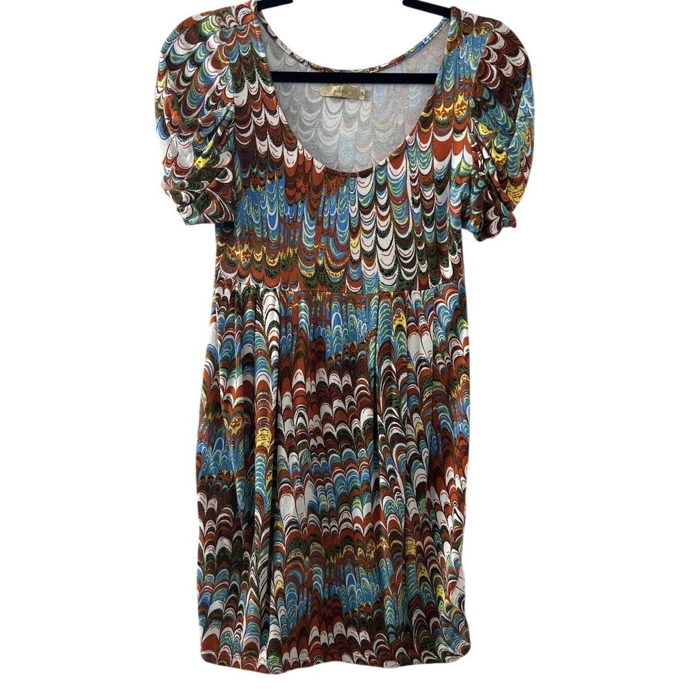 Jaloux Psychedelic Peacock Mini Dress M Multicolor Puffed Sleeve Retro Boho Mod